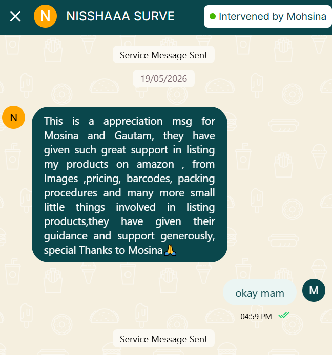 WhatsApp seller feedback from Nisshaaa Surve about Images, pricing, barcodes & packing